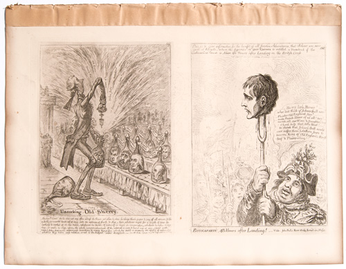 original James Gillray etchings The First Kiss these Ten Years! or, The Meeting of Britannia and Citizen FrancoiseA Phantasmagoria;_ Scene: Conjuring up an Armed Skeleton